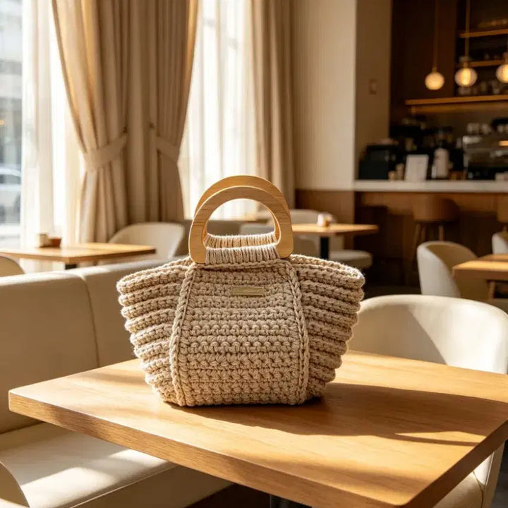 [BUNJANG] Handmade Knit Bag with Wooden Handle / 핸드메이드 뜨개 가방