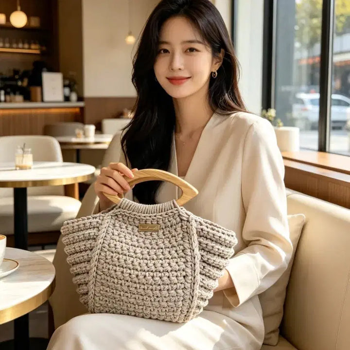 [BUNJANG] Handmade Knit Bag with Wooden Ring Handle / 핸드메이드 뜨개 가방