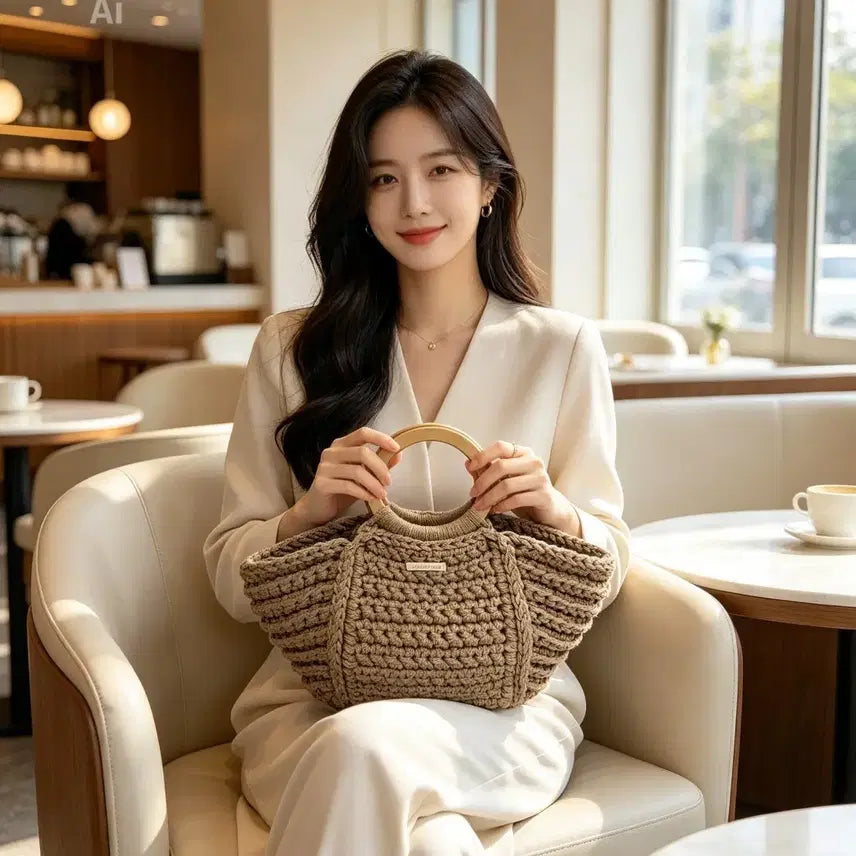 [BUNJANG] Handmade Knit Bag with Wooden Ring Handle / 핸드메이드 뜨개 가방