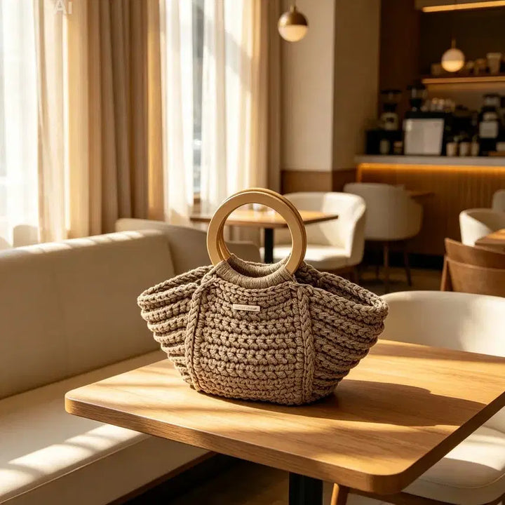 [BUNJANG] Handmade Knit Bag with Wooden Ring Handle / 핸드메이드 뜨개 가방