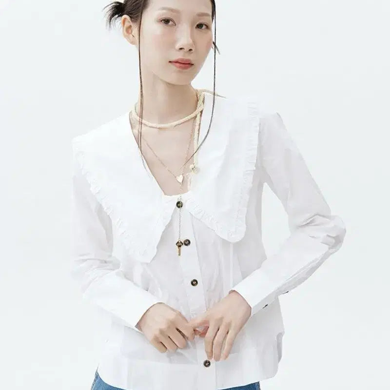 [BUNJANG] GANNI White Poplin V-Neck Shirt / 가니 화이트 포플린 브이넥 셔츠 55-66
