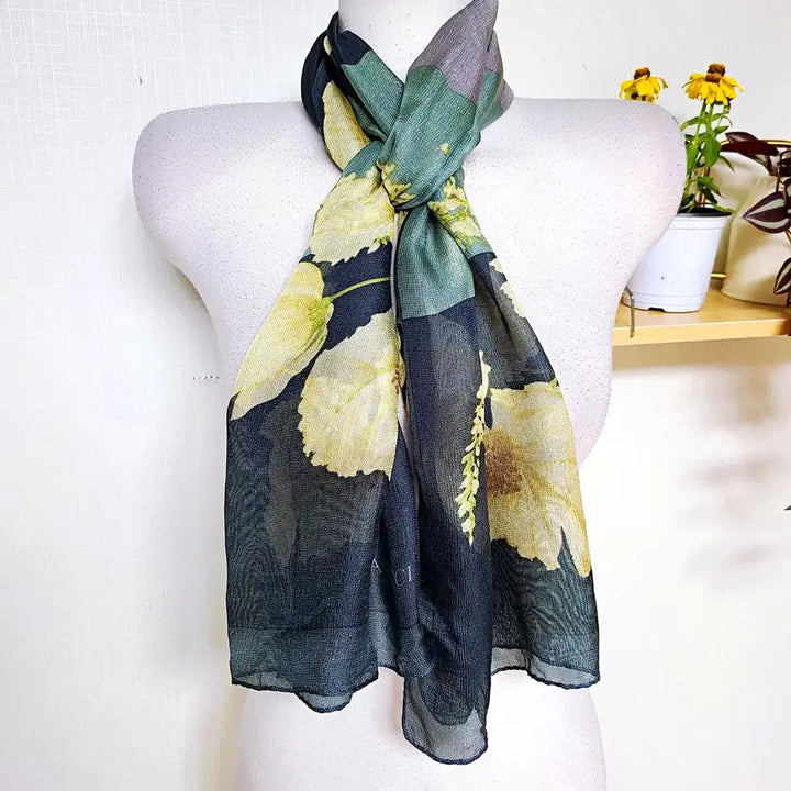 [BUNJANG] Nina Ricci 100% Silk Floral Scarf - Green Navy / 니나리찌 실크100% 플라워스카프 그린네이비