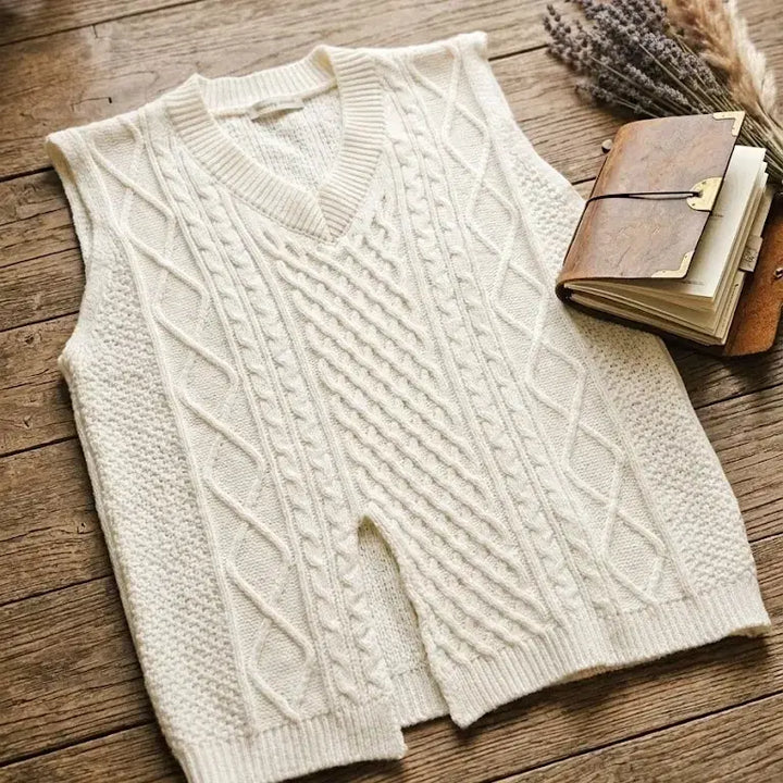 [BUNJANG] Slit Cable Knit Vest - Cream / 슬릿 케이블니트 베스트 55 66 브이넥 조끼 크림