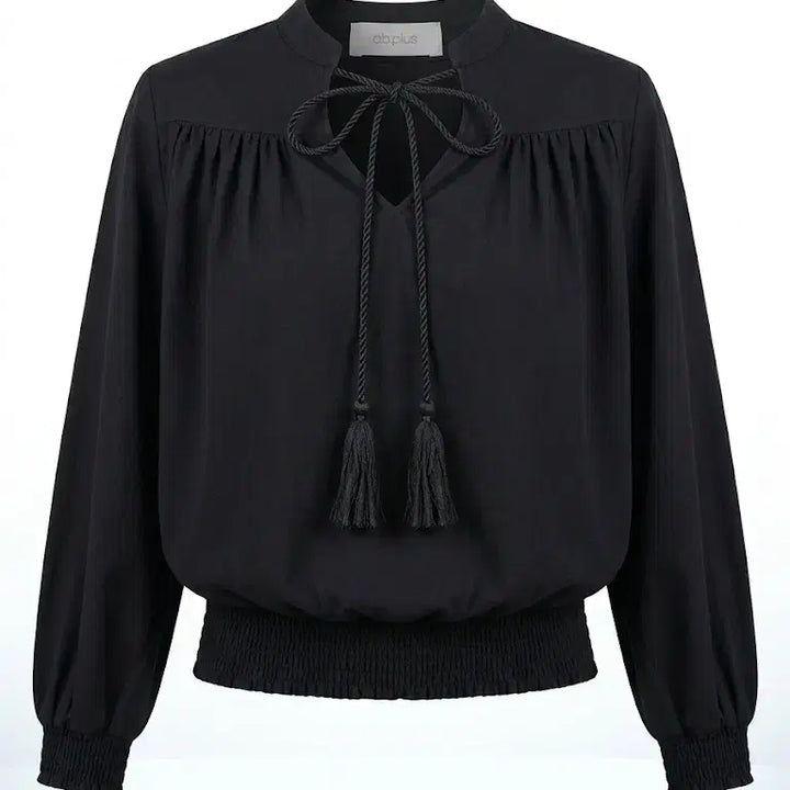[BUNJANG] ab.plus Cropped Tassel Smocked Waistband Blouse / ab플러스 크롭 태슬 스모크밴딩 블라우스 55 66 77 블랙