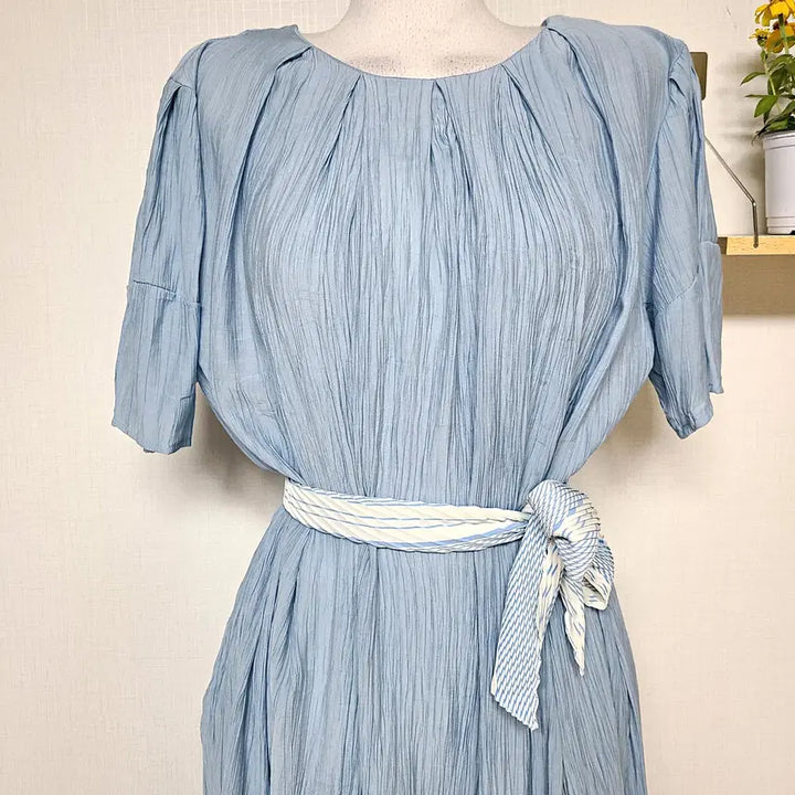 [BUNJANG] Pleated Shirring Long Dress - Sky Blue / 플리츠원피스 55~88 반팔 셔링 롱원피스 소라