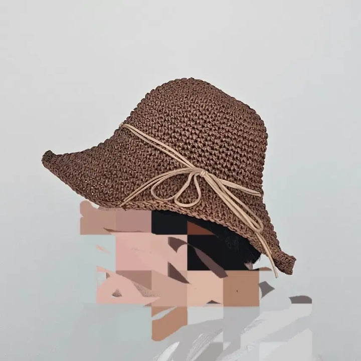 [BUNJANG] Brown Ribbon Detail Raffia Bucket Hat / 브라운 끈 장식 라피아 햇 벙거지