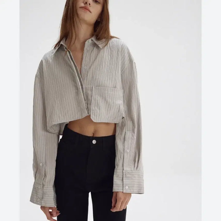 [BUNJANG] Zara Striped Cropped Shirt / 자라 스트라이프 크롭 셔츠