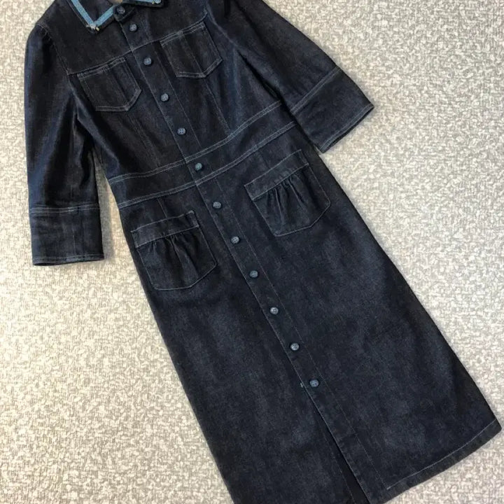 [BUNJANG] Lenivon Dark Wash Denim Collar Puff Sleeve Midi Dress Jacket / 레니본 진청 카라 데님 퍼프 원피스 자켓 미디 클래식 결혼식 하객룩
