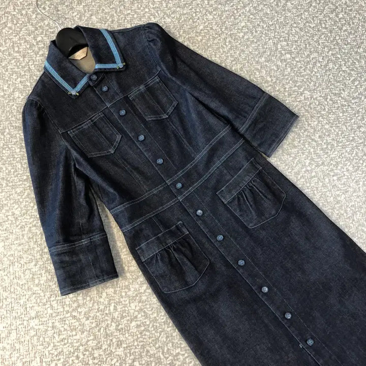 [BUNJANG] Lenivon Dark Wash Denim Collar Puff Sleeve Midi Dress Jacket / 레니본 진청 카라 데님 퍼프 원피스 자켓 미디 클래식 결혼식 하객룩