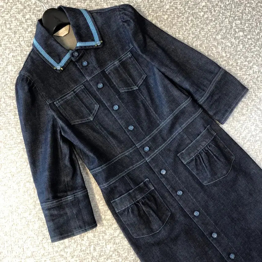 [BUNJANG] Lenivon Dark Wash Denim Collar Puff Sleeve Midi Dress Jacket / 레니본 진청 카라 데님 퍼프 원피스 자켓 미디 클래식 결혼식 하객룩