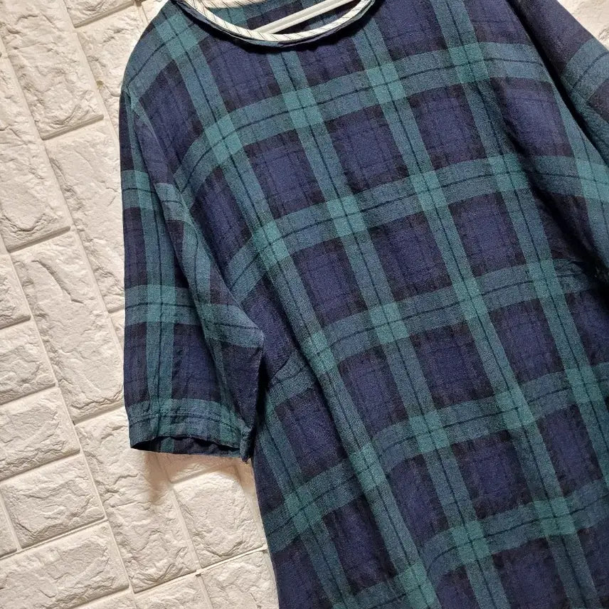 [BUNJANG] Linen Check Short Sleeve Long Dress / 린넨 체크무늬 반팔 롱 원피스