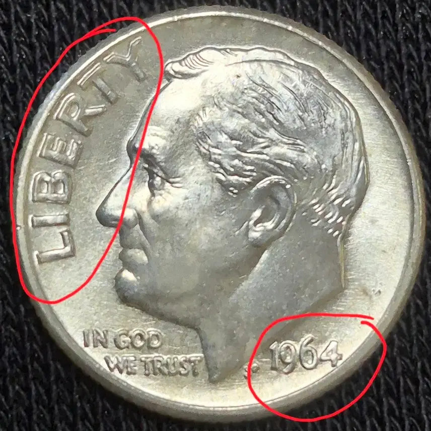 [BUNJANG] 1964 USA Roosevelt Dime Silver Coin (RPM Error) Uncirculated / 1964년D 미국 루스벨트 다임은화 90%더블링 (RPM)에러 완전미사용