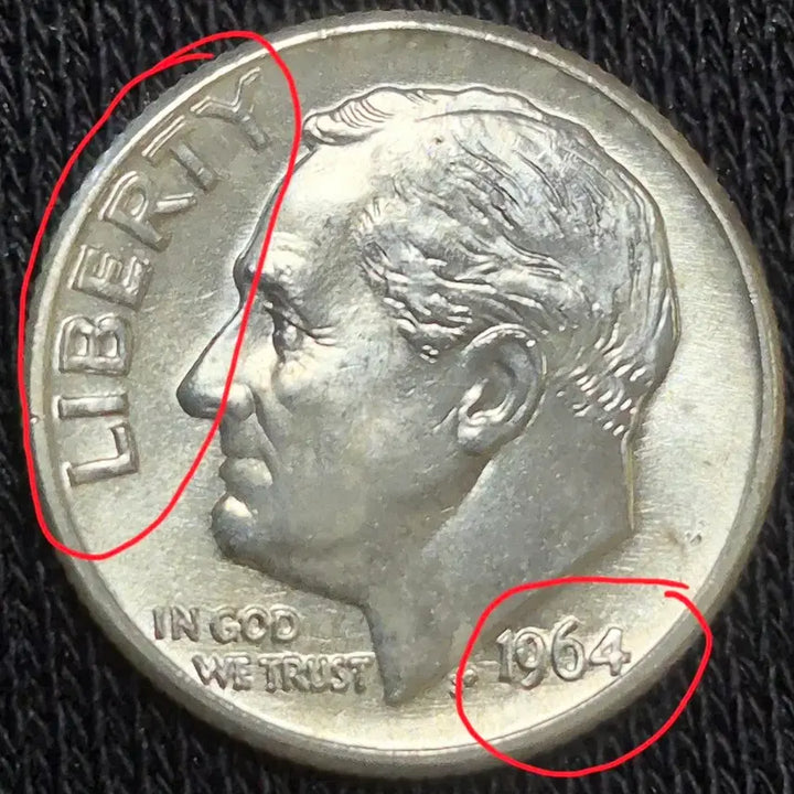 [BUNJANG] 1964 USA Roosevelt Dime Silver Coin (RPM Error) Uncirculated / 1964년D 미국 루스벨트 다임은화 90%더블링 (RPM)에러 완전미사용