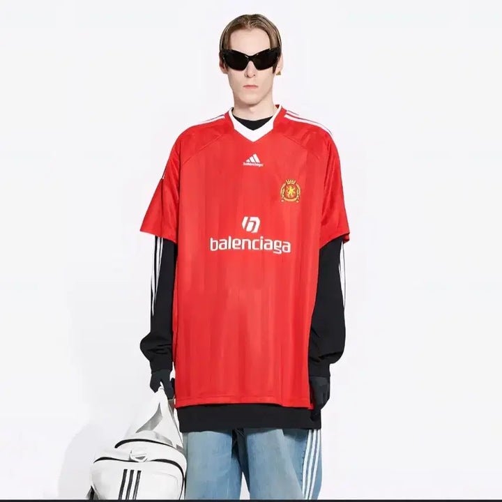 [BUNJANG] Balenciaga Adidas Soccer T-Shirt Red / 발렌시아가 아디다스 사커 반팔 티셔츠 레드 풋볼 로고 스포티 3b 스포츠
