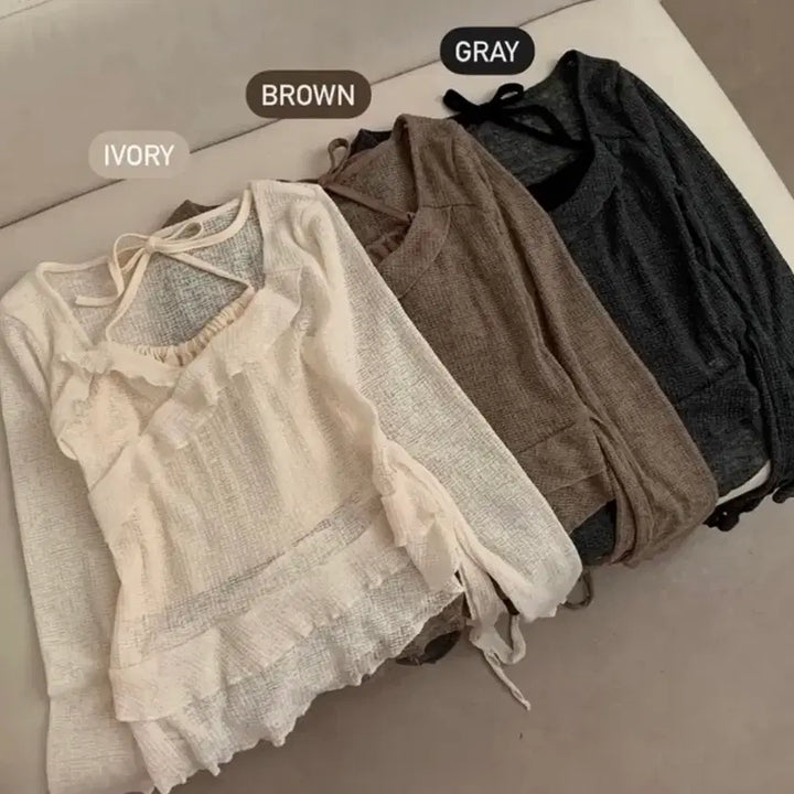 [BUNJANG] Ablley Ruffle Halterneck Sleeveless Frill Tie-Waist Asymmetrical Long Sleeve T-Shirt / 에이블리 봄,여름 긴팔티
