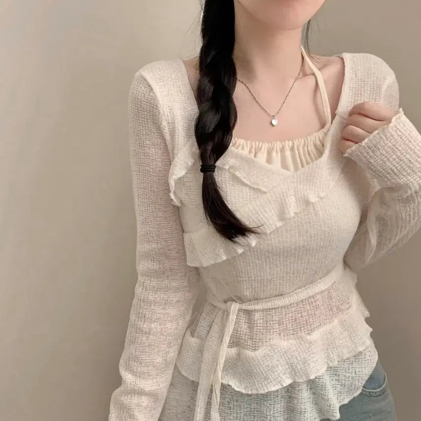 [BUNJANG] Ablley Ruffle Halterneck Sleeveless Frill Tie-Waist Asymmetrical Long Sleeve T-Shirt / 에이블리 봄,여름 긴팔티