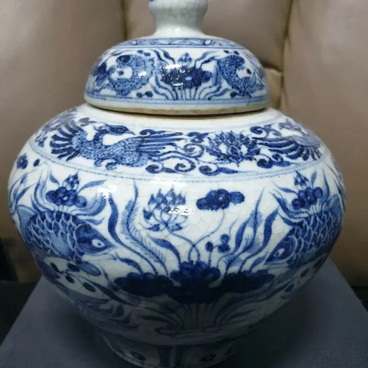 [BUNJANG] Yuan Dynasty Celadon Blue and White Porcelain Jar with Cover, Phoenix, Aquatic Plants, and Fish Motif / 원대기물/원청화.봉황.수초어문