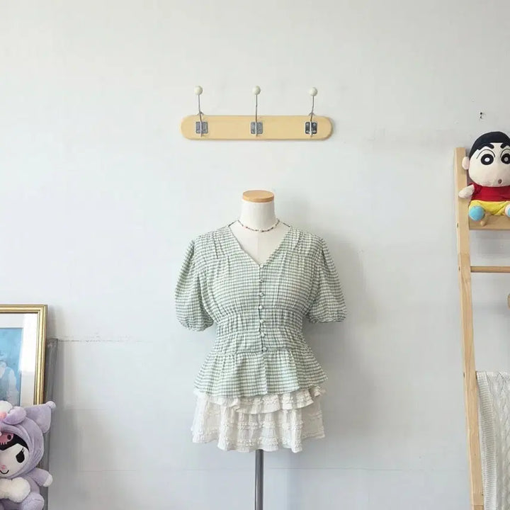 [BUNJANG] MIXXO Green Pleated Blouse / 빈티지 만원샵 MIXXO 그린 러블리 블라우스