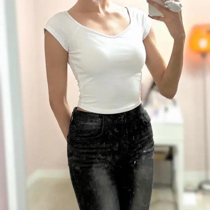 [BUNJANG] Shein White Square Neck Crop T-Shirt / 쉬인 크롭 반팔티