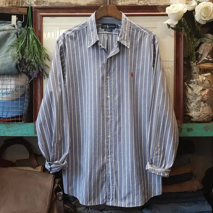 [BUNJANG] Polo Ralph Lauren 90s Custom Fit Blue Stripe Shirt / 90s 폴로 스트라이프 셔츠 커스컴 핏 블루 스트라이프 105
