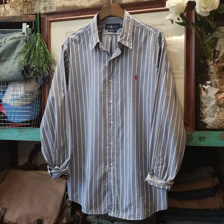 [BUNJANG] Polo Ralph Lauren 90s Custom Fit Blue Stripe Shirt / 90s 폴로 스트라이프 셔츠 커스컴 핏 블루 스트라이프 105
