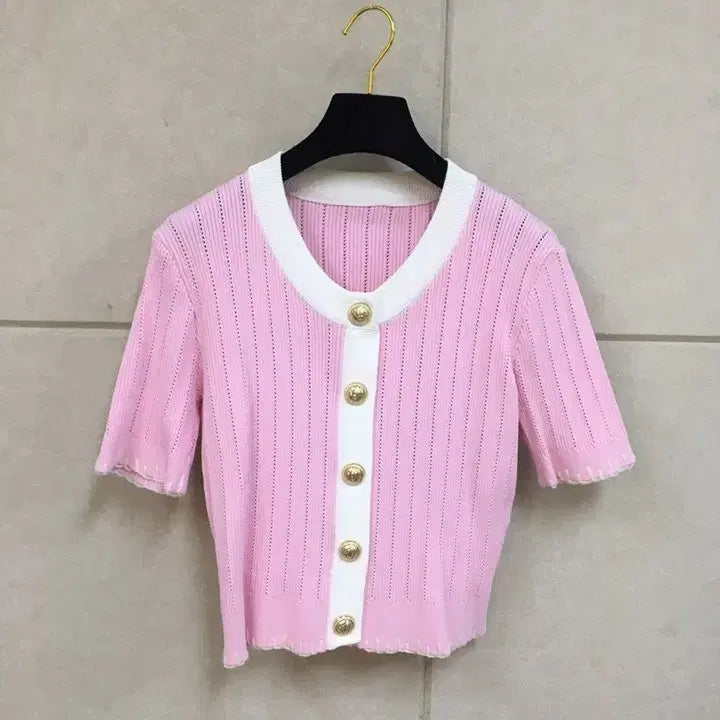 [BUNJANG] Designer Pink Short-Sleeve Knit Cardigan with Gold Button Detail / 고급 수입의류 핑크 골드버튼 반팔 니트 가디건