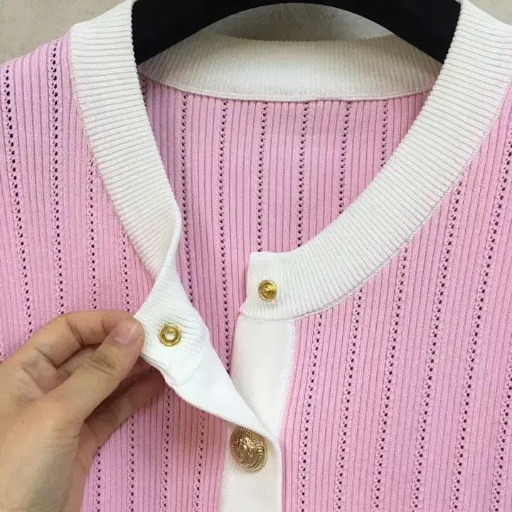 [BUNJANG] Designer Pink Short-Sleeve Knit Cardigan with Gold Button Detail / 고급 수입의류 핑크 골드버튼 반팔 니트 가디건