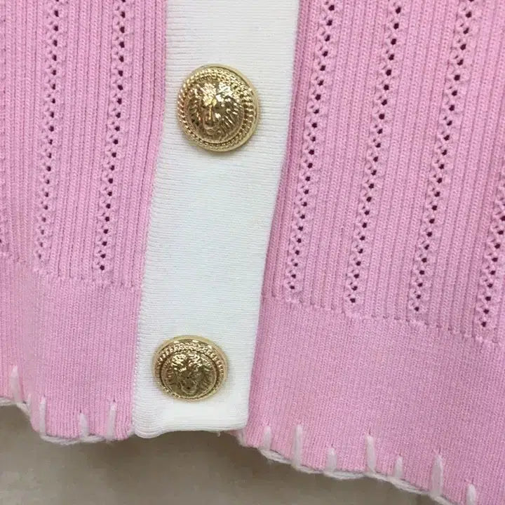 [BUNJANG] Designer Pink Short-Sleeve Knit Cardigan with Gold Button Detail / 고급 수입의류 핑크 골드버튼 반팔 니트 가디건
