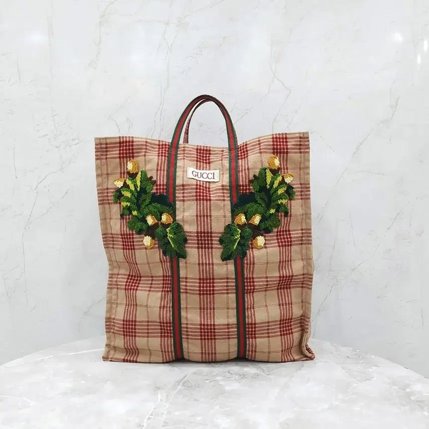 [BUNJANG] Gucci Vintage Check Three-Stripe Shopper Tote Bag 484690 / 구찌 빈티지 체크 삼선 쇼퍼 토트백 484690