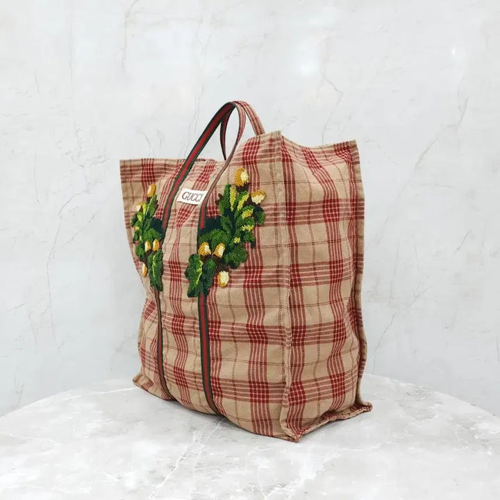 [BUNJANG] Gucci Vintage Check Three-Stripe Shopper Tote Bag 484690 / 구찌 빈티지 체크 삼선 쇼퍼 토트백 484690