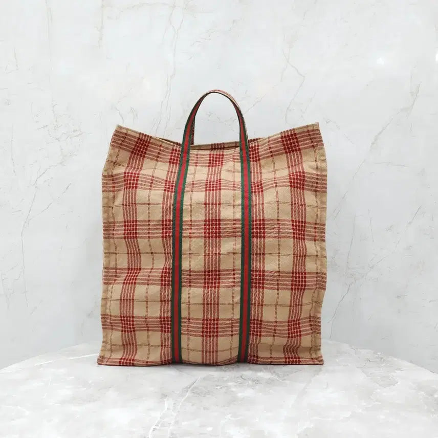 [BUNJANG] Gucci Vintage Check Three-Stripe Shopper Tote Bag 484690 / 구찌 빈티지 체크 삼선 쇼퍼 토트백 484690