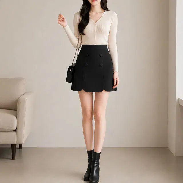 [BUNJANG] ShesShop ST234 Span Button Skirt Black XL66 / 쎄샵 ST234 스판 버튼 스커밍 블랙 XL66-1개