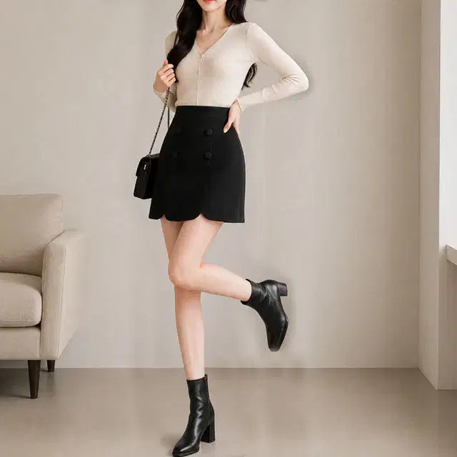 [BUNJANG] ShesShop ST234 Span Button Skirt Black XL66 / 쎄샵 ST234 스판 버튼 스커밍 블랙 XL66-1개
