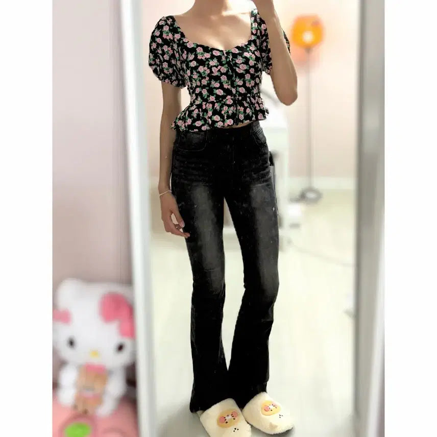 [BUNJANG] Zara Floral Square Neck Blouse / 자라 스퀘어넥 꽃무늬 블라우스