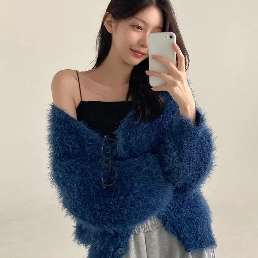 [BUNJANG] Somme Solip Angora Cardigan Blue Loose Fit / 반택포) 지그재그 언니가간다 솜므 솔잎 가디건 블루 루즈핏 앙고라 여리핏