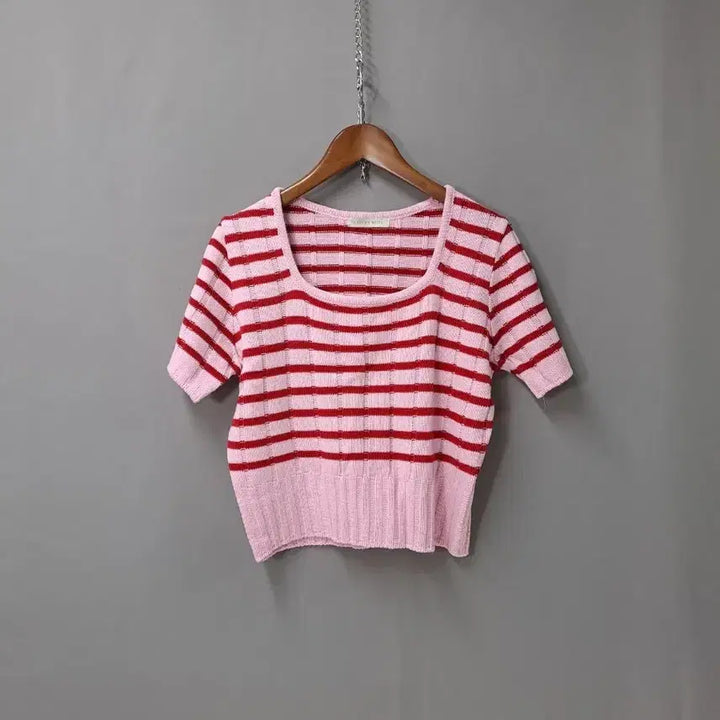 [BUNJANG] Striped Knit Half Sleeve Top / 반팔 레드  U형 스트라이프 니트