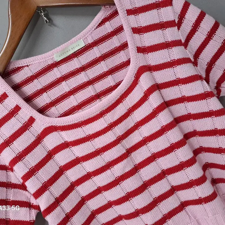[BUNJANG] Striped Knit Half Sleeve Top / 반팔 레드  U형 스트라이프 니트