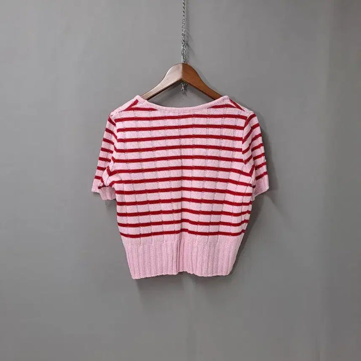 [BUNJANG] Striped Knit Half Sleeve Top / 반팔 레드  U형 스트라이프 니트