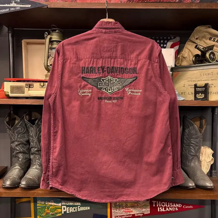 [BUNJANG] Harley-Davidson 00s Burgundy Heavy Cotton Work Shirt Snap Button / 00s 할리데이비슨 헤비코트 버건디 워크셔츠 스냅버튼 N959