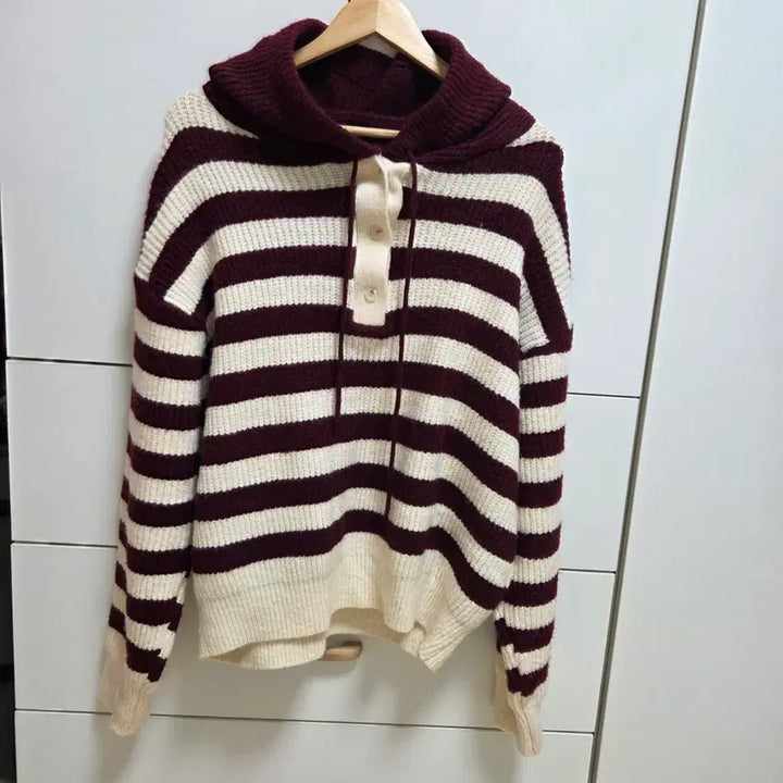 [BUNJANG] Burgundy Stripe Oversized Hoodie Knit / (실착1회) 후드 니트 버건디 스트라이프 오버핏