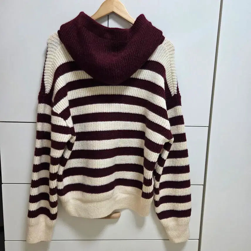 [BUNJANG] Burgundy Stripe Oversized Hoodie Knit / (실착1회) 후드 니트 버건디 스트라이프 오버핏