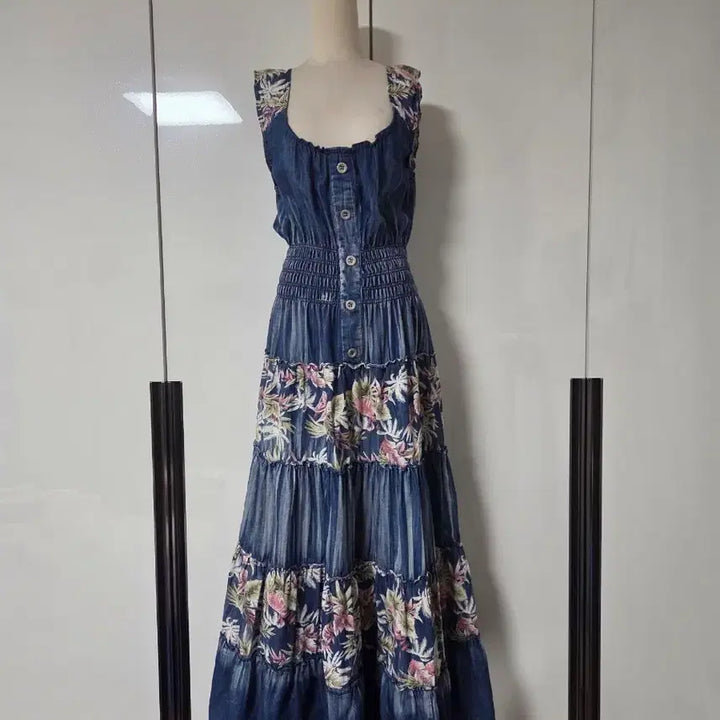 [BUNJANG] Egoist Cotton Denim Flower Long Dress / 에고이스트 면데님 플라워 롱 원피스