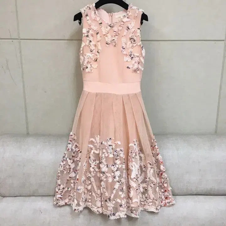 [BUNJANG] Maje Pink Floral Embroidered Tulle Dress / 마쥬 정품 핑크 플라워 자수 튤 드레스