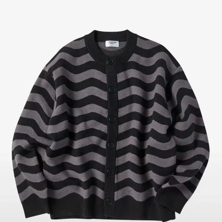 [BUNJANG] Wave Stripe Knit Cardigan Black / [새상품]물결 스트라이프 니트 가디건 블랙