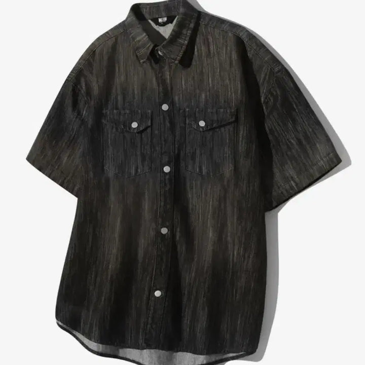 [BUNJANG] Trillion Rain Slub Washed Oversized Denim Short-Sleeve Shirt Black XL / XL 트릴리온 레인 슬럽 워싱 오버핏 데님 반팔 셔츠 블랙