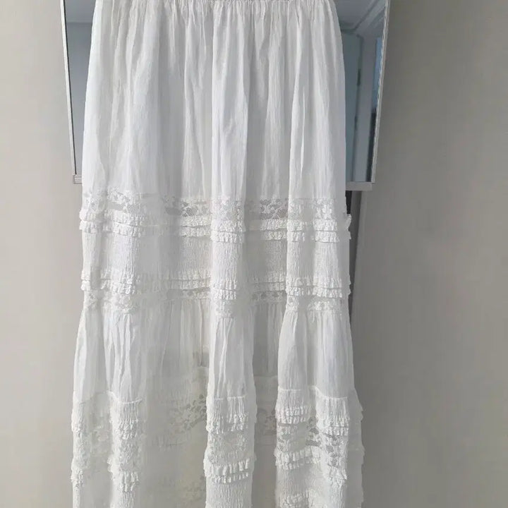 [BUNJANG] White Lace Frill Long Skirt / 화이트 레이스 롱 스커트 프릴 치마