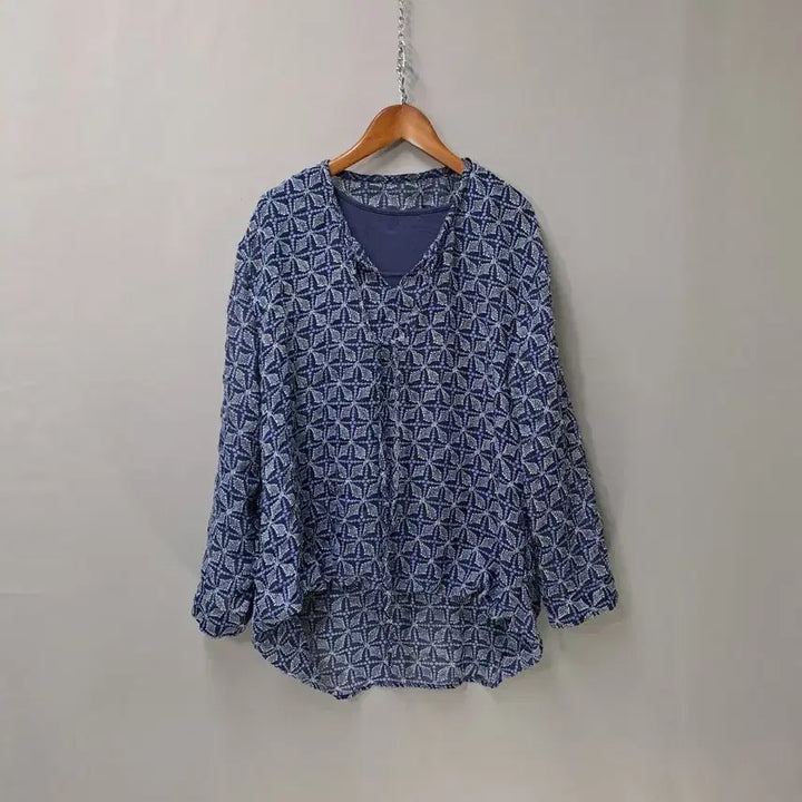 [BUNJANG] AILENE Blue Pattern Layered Asymmetrical Blouse / AILENE 블루 패턴 레이어드 언발 블라우스
