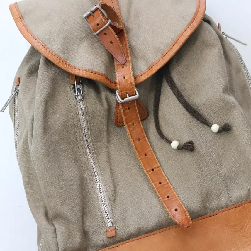 [BUNJANG] Porter Yoshida &amp; Co. Vintage Leather Combination Canvas Backpack (Khaki/Brown) / PORTER 포터 요시다 가방 빈티지 레더 콤비 캔버스 백팩 (카키/브라