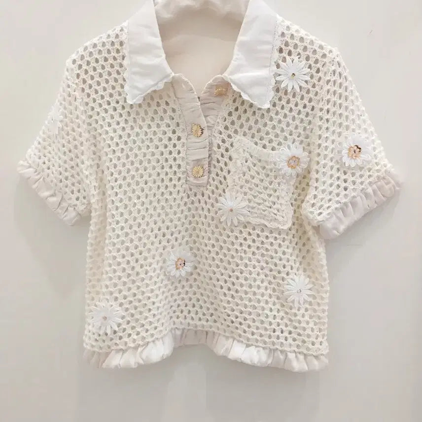 [BUNJANG] Floral Embroidered Short Sleeve Knit T-Shirt / 꽃 니트
