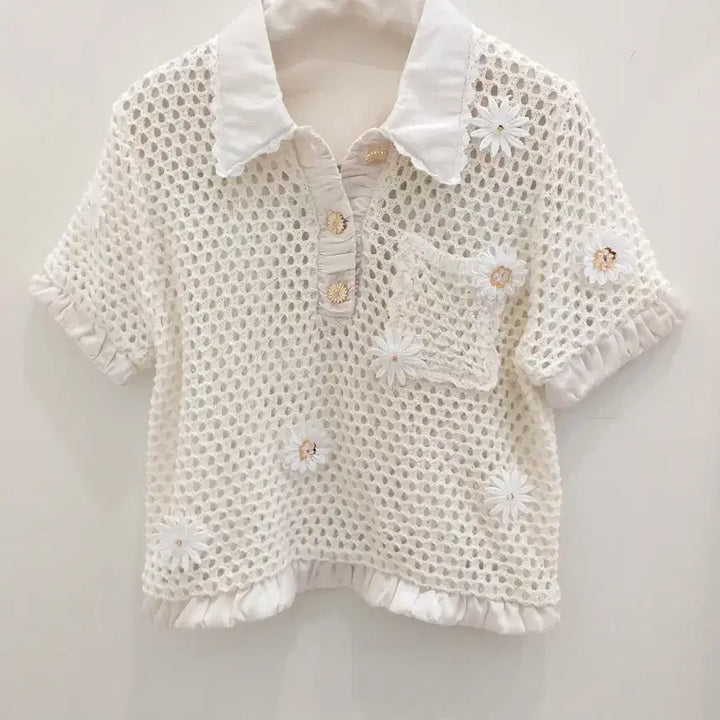 [BUNJANG] Floral Embroidered Short Sleeve Knit T-Shirt / 꽃 니트